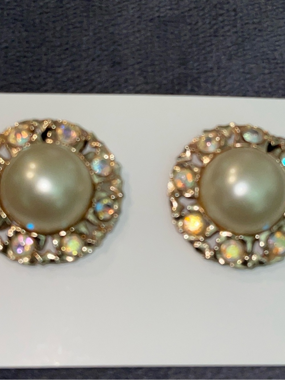 Vintage Faux Pearl Aurora Borealis Rhinestone Gold Tone Clip On Earrings